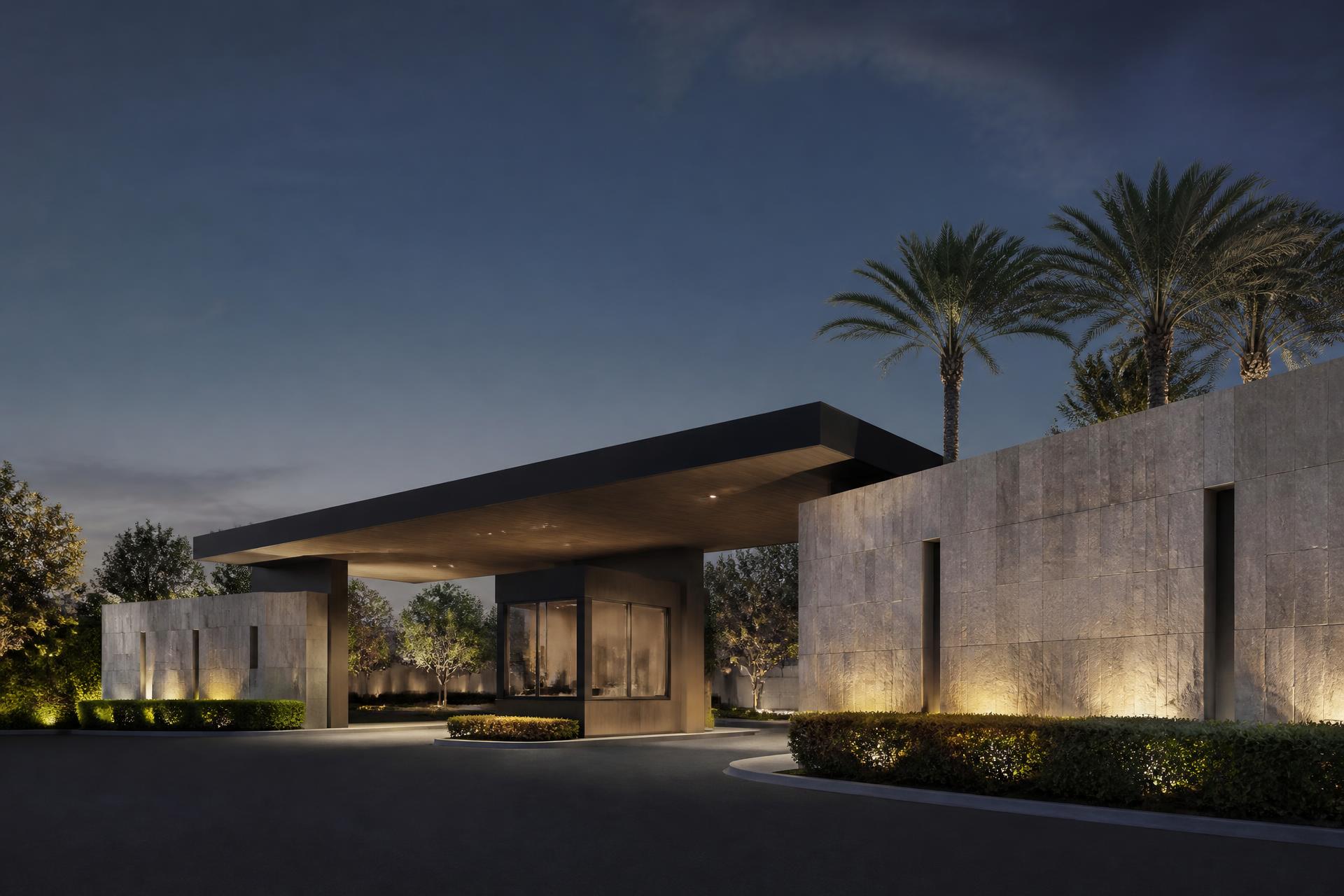 Premium community entrance at dusk