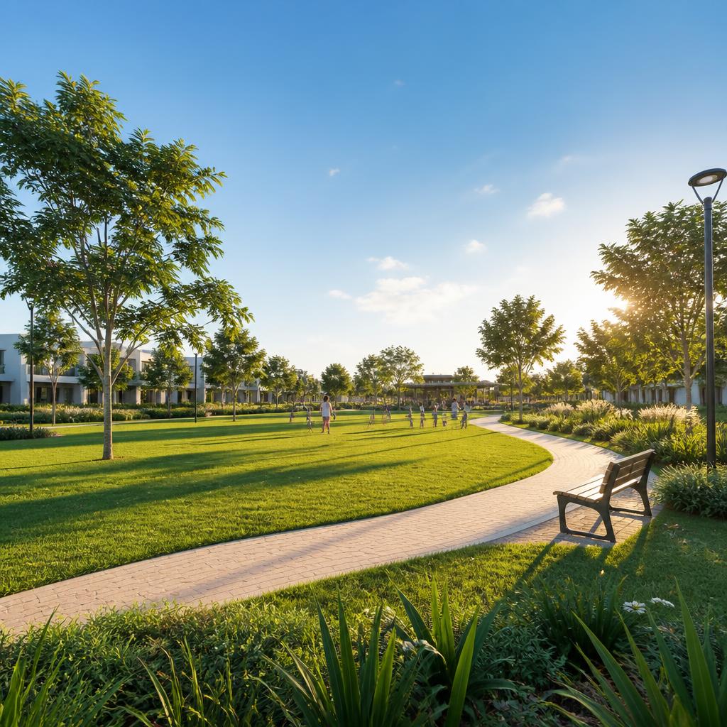Bright green community park and walking paths